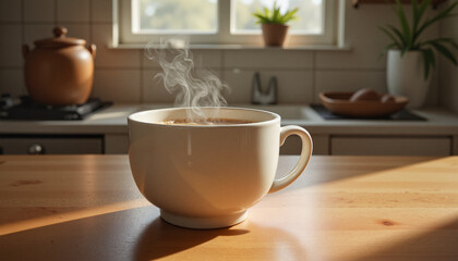 Steaming coffee cup on wooden kitchen table