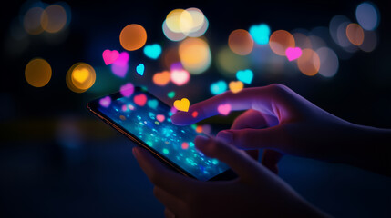 Close-up of hands using a smartphone at night with colorful social media icons floating above the screen symbolizing likes reactions and digital interaction social media, engagemen