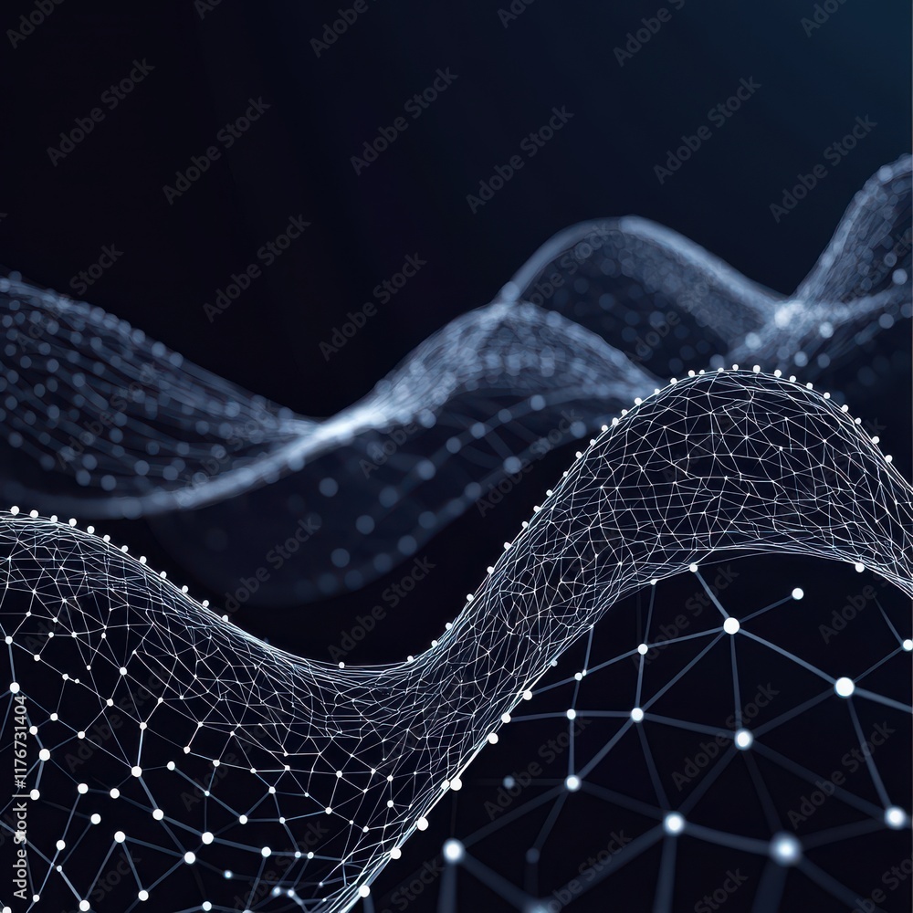 Poster abstract digital wave with interconnected nodes, representing data flow and technology.