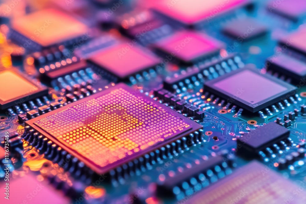 Poster close-up of a colorful circuit board with microprocessors and electronic components.