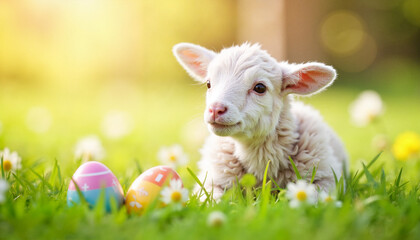 Obraz premium Curious lamb exploring meadow with colorful Easter eggs, spring joy