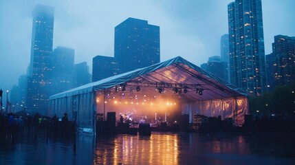 Fototapeta premium Rainy night, outdoor stage, city backdrop, illuminated tent.