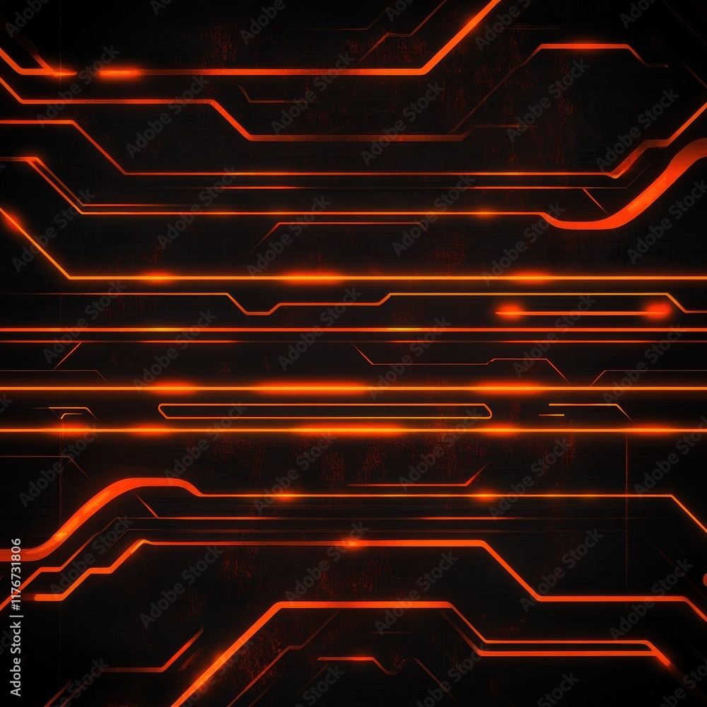 Poster abstract digital circuit board pattern with glowing orange lines on a dark background.