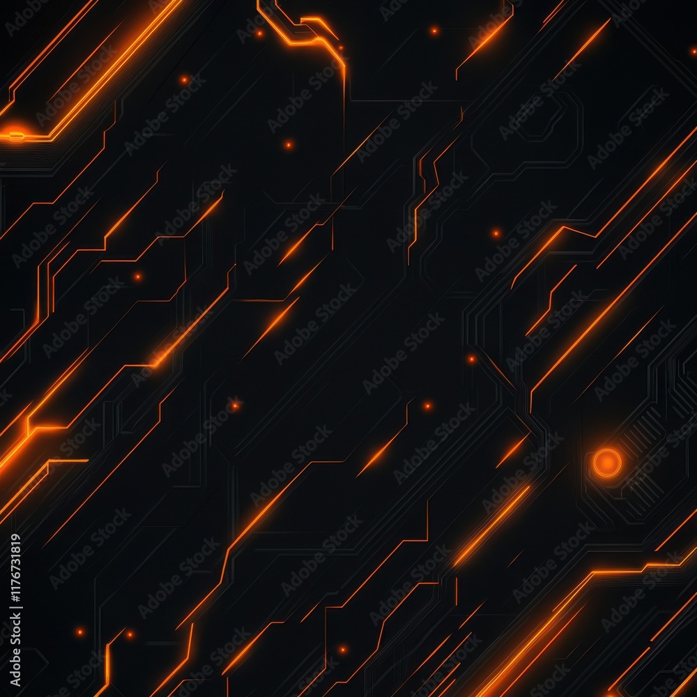 Poster dynamic orange circuit lines on a dark background, creating a high-tech, futuristic pattern.