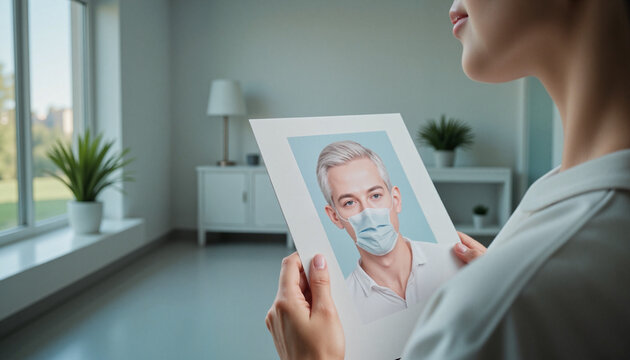 Person holding portrait of man wearing mask in modern room