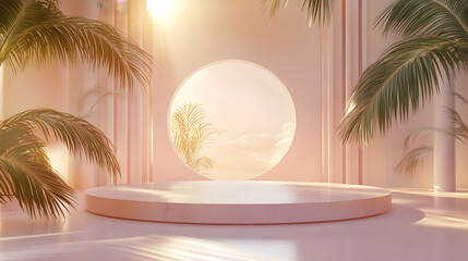 Fototapeta premium podium with a circular background and palm leaves in a pink pastel color, featuring geometric shapes in a minimal scene. The background is suitable for product display presentations in a studio. 