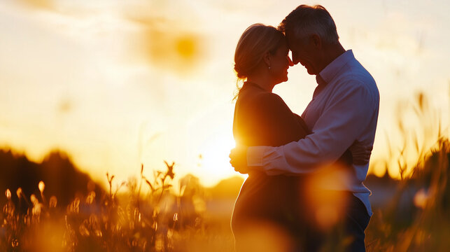 Side view of senior couple hugging outside in spring nature at sunset. usa