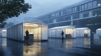 Obraz premium Rainy night, temporary structures, city background, people walking.