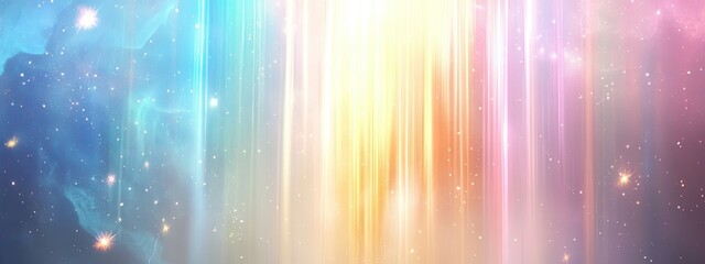 A vertical cascade of soft glowing light beams, refracting into a spectrum of pastel colors.