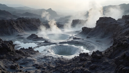 Obraz premium Mud pots emitting steam with surreal geological formations in a rugged, barren landscape.