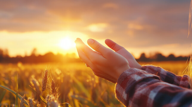 Woman hands praying for blessing from god on sunset background USA
