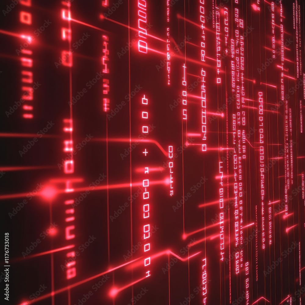 Fototapete Abstract digital background featuring a network of red glowing circuits and binary code.