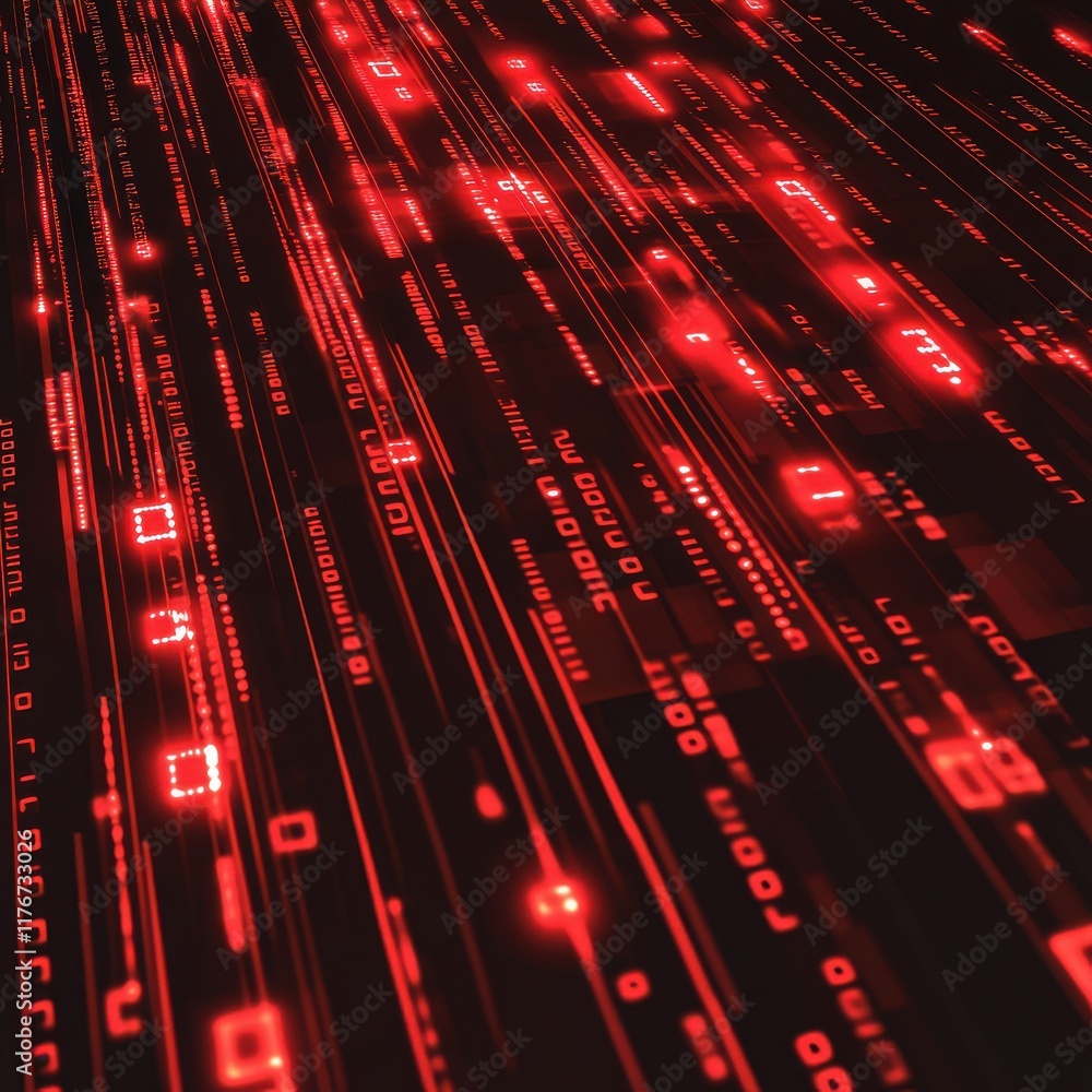 Fototapete Abstract digital background with red binary code falling, creating a sense of depth and technology.