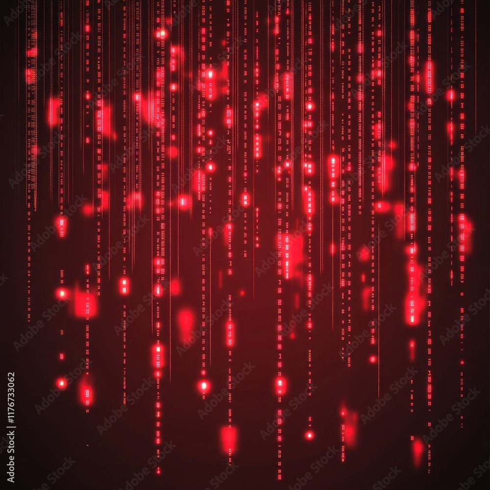 Poster abstract digital background featuring cascading red binary code elements.