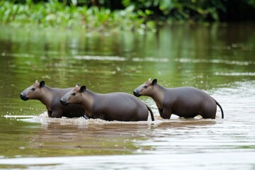 Fototapeta premium A group of South American tapirs wading through a shallow river in the Amazon basin.