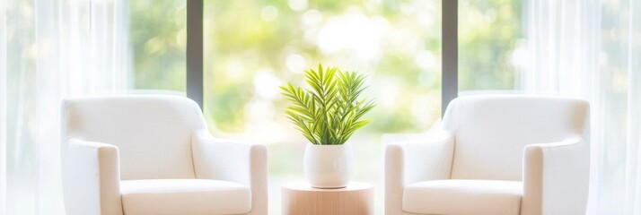 Cozy retreat for healing and dialogue in a peaceful therapist office with green views