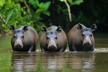 Fototapeta premium A group of South American tapirs wading through a shallow river in the Amazon basin.