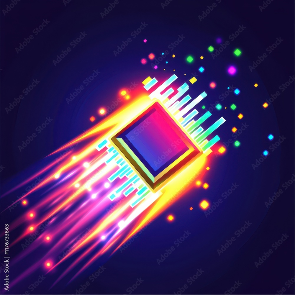 Poster a vibrant abstract design featuring a colorful square shape exploding with radiant light effects.