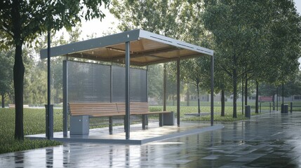 Obraz premium Rain-soaked park shelter; bench awaits.