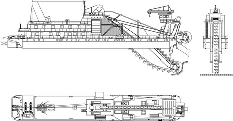 Illustrator sketch of dredging and barges ship technology design for construction work on the high seas.eps