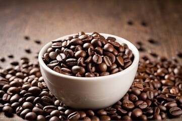 Fototapeta premium arafed coffee beans in a white bowl on a wooden table