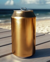 Obraz premium A shiny, golden can resting on a wooden table by the beach under a clear sky.