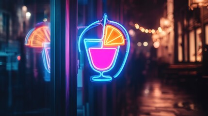 Naklejka premium A vibrant neon sign depicting a cocktail glass with a slice of fruit, inviting patrons.
