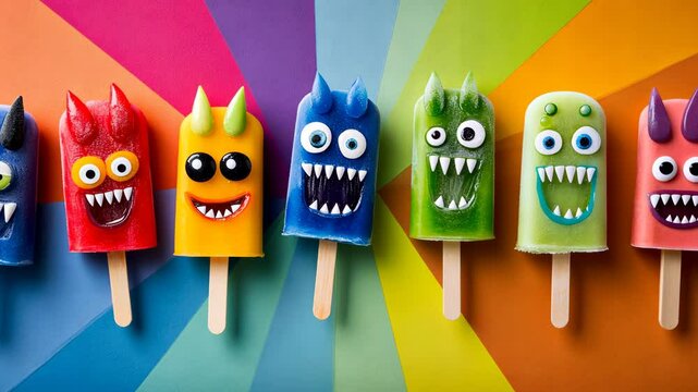 Row of colorful ice cream sticks with monster faces on them. The ice cream sticks are arranged in a rainbow pattern