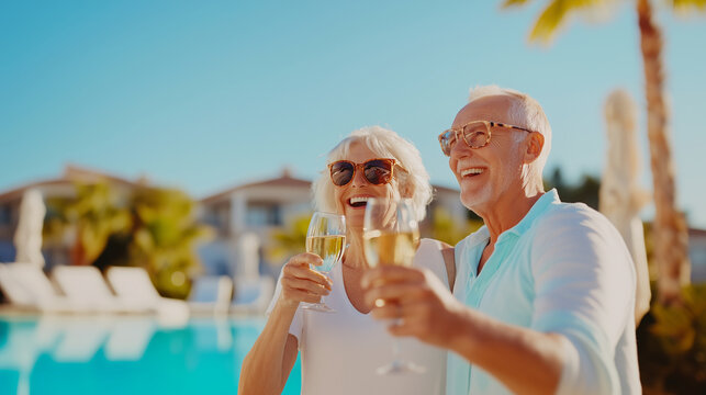 Senior couple drinking prosecco in a swimming pool cozy