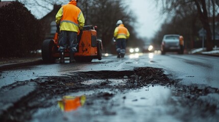 Workers repair large pothole, wet road.