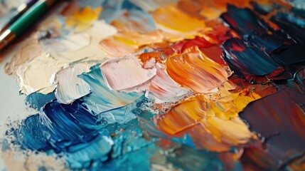 Fototapeta premium A vibrant palette of oil paints with a brush, showcasing colors for artistic creation.