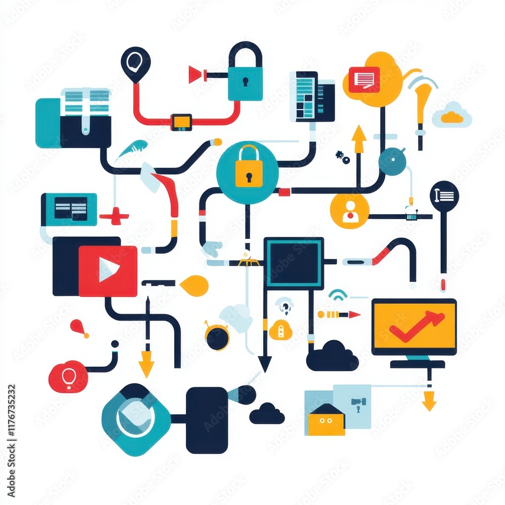 Aufkleber abstract illustration of technology and connectivity with colorful icons representing digital concep