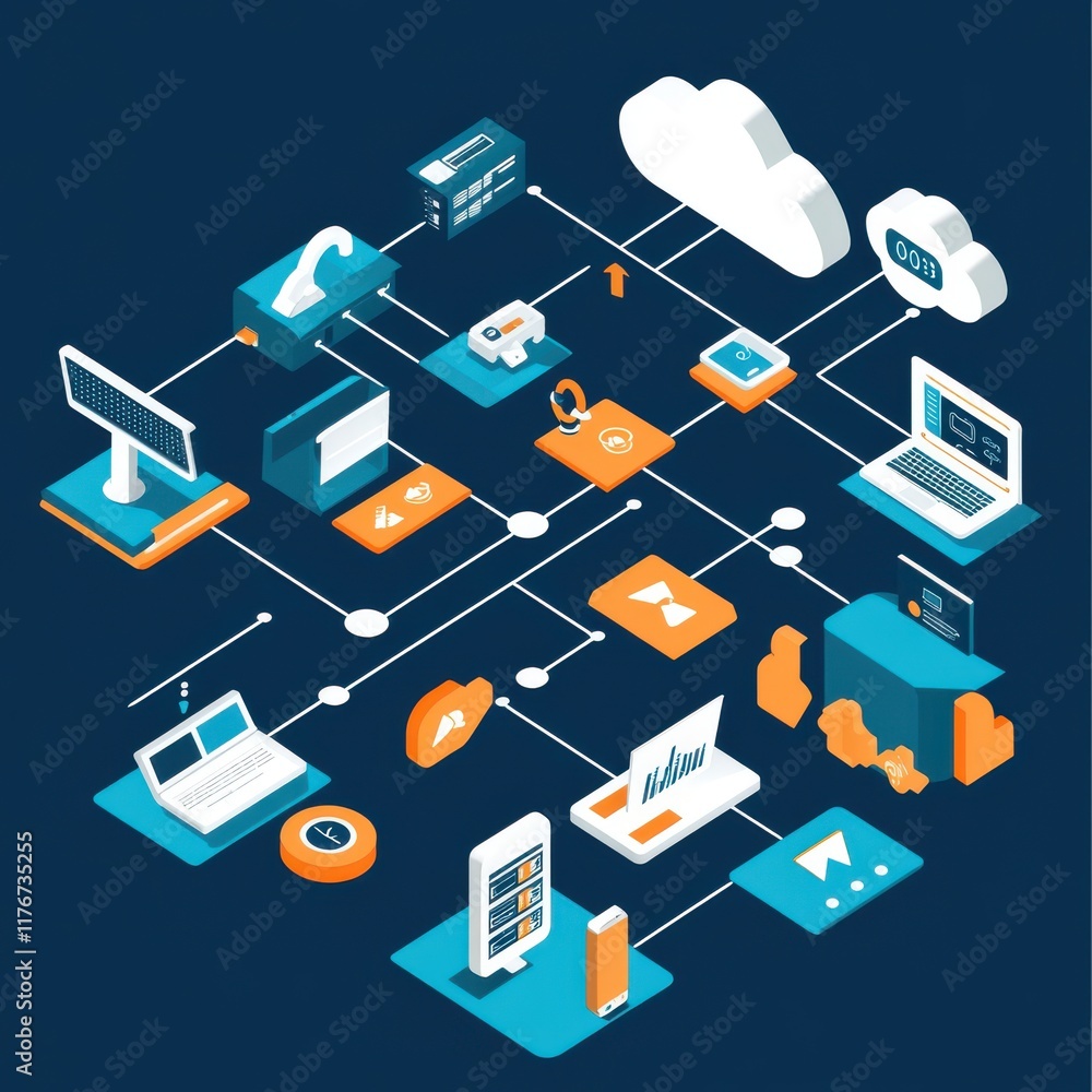 Poster abstract digital technology illustration featuring cloud computing and data management elements.