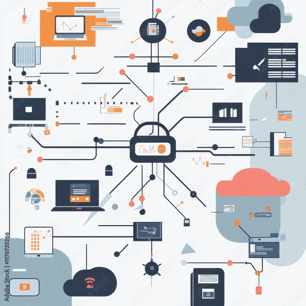 Poster abstract digital illustration of cybersecurity concepts with interconnected devices and data visuali