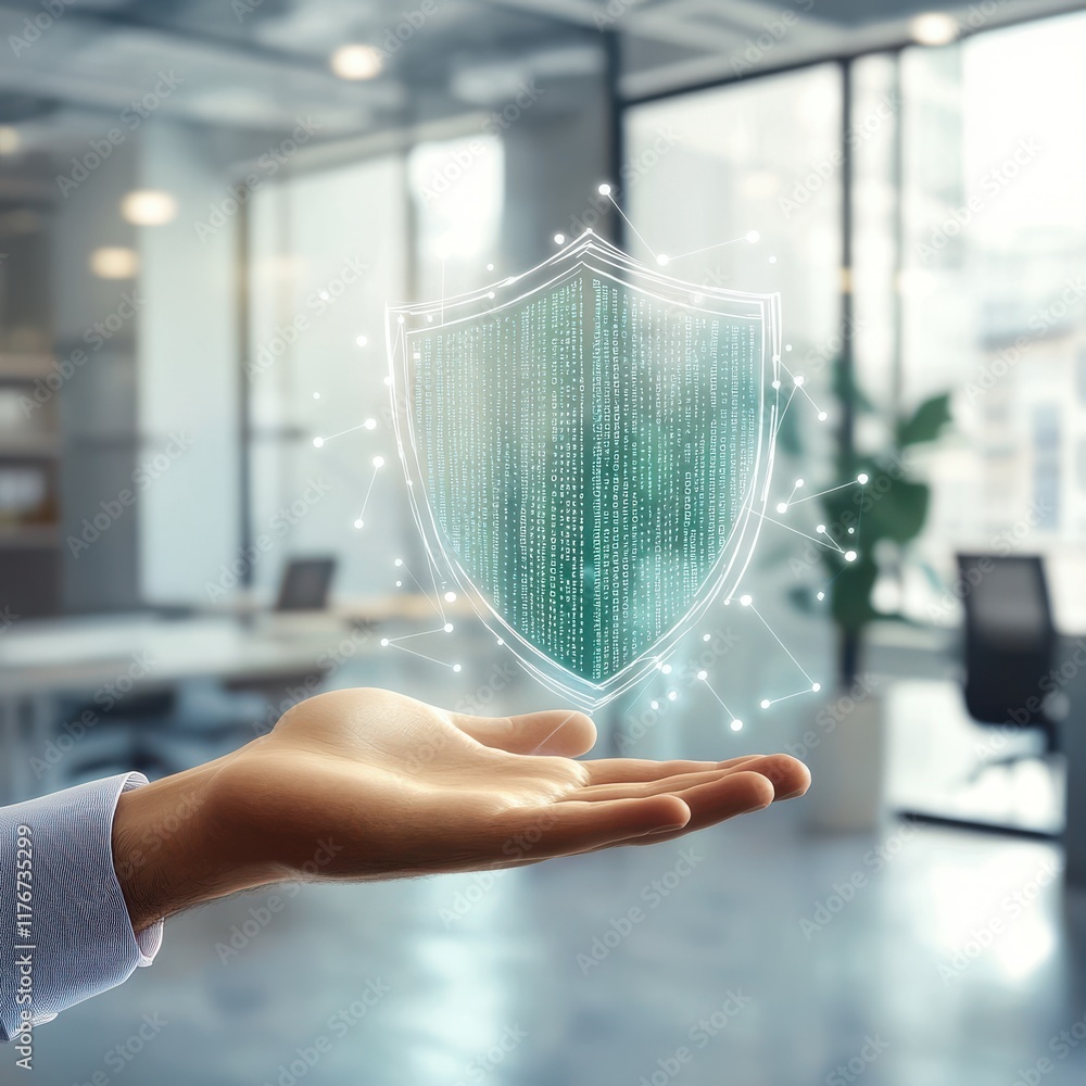 Poster a businessman's hand displaying a digital shield symbolizing data security and protection.