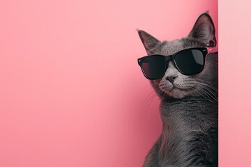 Portrait of a grey cat wearing sunglasses, peeking out from behind a wall against a pink background. 