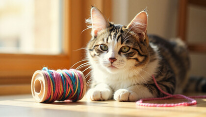 Curious tabby cat playing with colorful yarn spool, cozy indoor setting