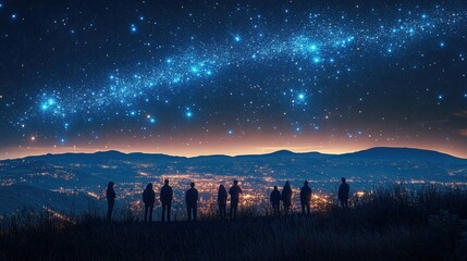 Silhouetted figures gazing at a starry sky over a cityscape at night.