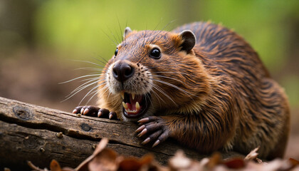 Beaver chewing wood in forest setting, showcasing natural behavior