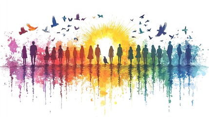 A colorful silhouette of people against a vibrant sunrise, symbolizing unity and diversity.