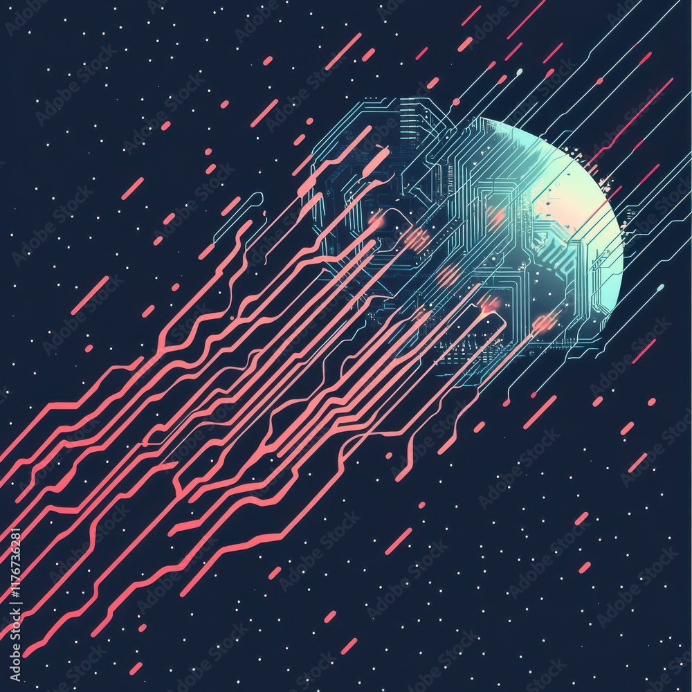 Poster a futuristic depiction of a circuit-patterned moon in motion through a starry background, featuring 