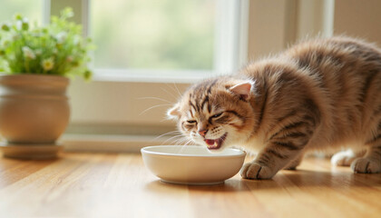 Playful young cat drinking milk in cozy kitchen, joyful moment