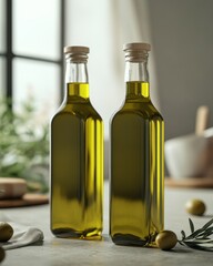 Two elegant bottles of olive oil on a kitchen countertop with natural light, emphasizing freshness and quality.