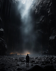 Obraz premium A dark cave, with a light shining down on it.