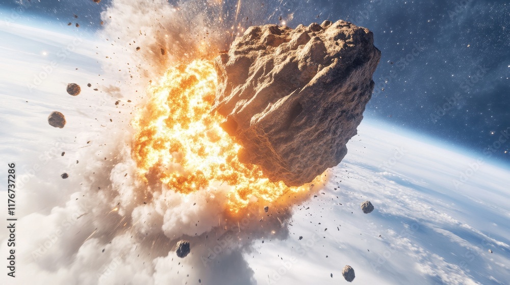 Poster a massive asteroid collides, creating a spectacular explosion in space against a backdrop of stars.