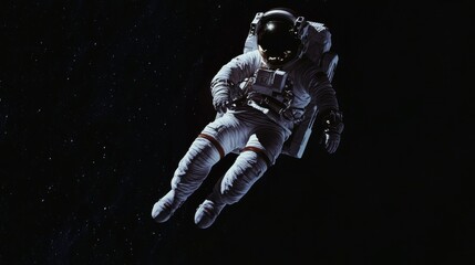 Fototapeta premium An astronaut in a white space suit floats gracefully in the dark expanse of outer space.