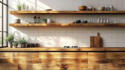 A modern kitchen with wooden shelves and plants, showcasing a clean and functional design.