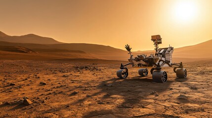 A robotic rover exploring the rugged Martian landscape under a glowing orange sky.
