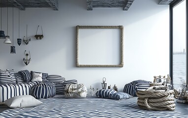 Seaside living room with blank frame, ocean view, nautical decor.