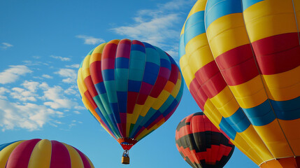 Obraz premium Colorful hot air balloons floating against bright blue sky